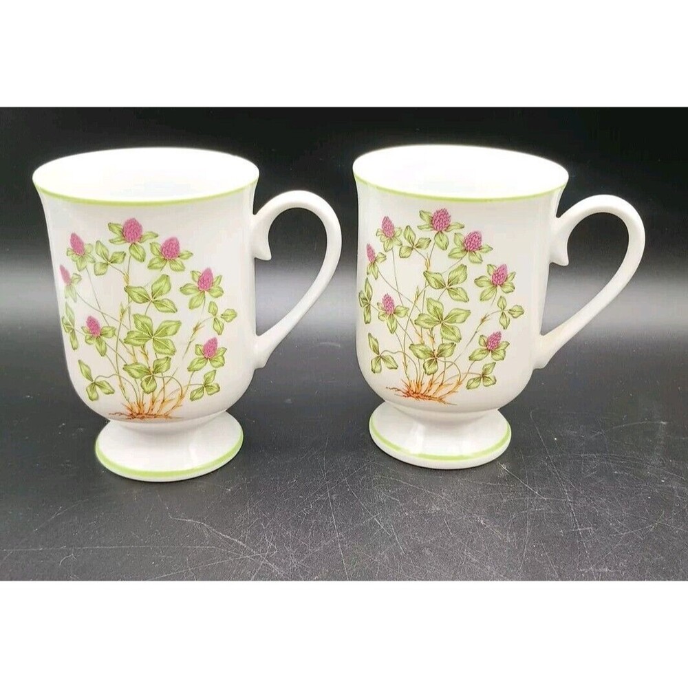 2 Royal Domino Pedestal Footed Mugs Clover Floral Spring Garden Japan Botanical